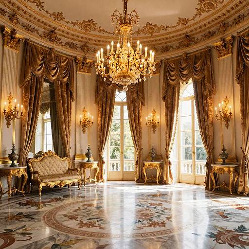 Opulent Palace Interior with Golden Chandeliers