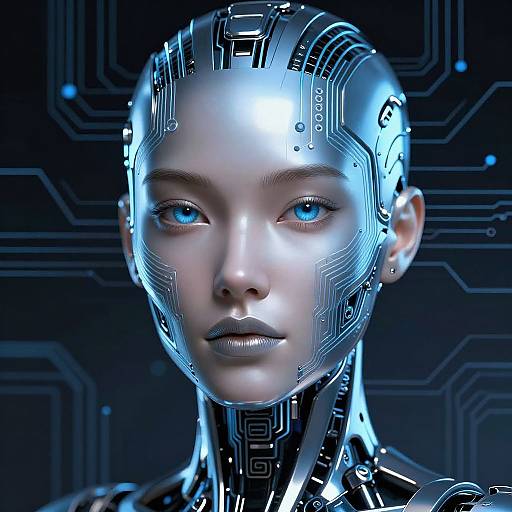 CGI image of a futuristic, cybernetic woman with glowing blue eyes, metallic skin, and intricate circuitry patterns on her head and neck,