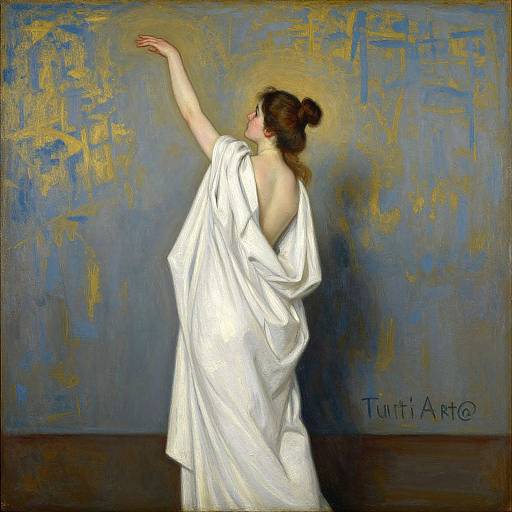 Oil painting of a woman in a loose white toga, arm raised, facing a blue and gold textured wall, signature 