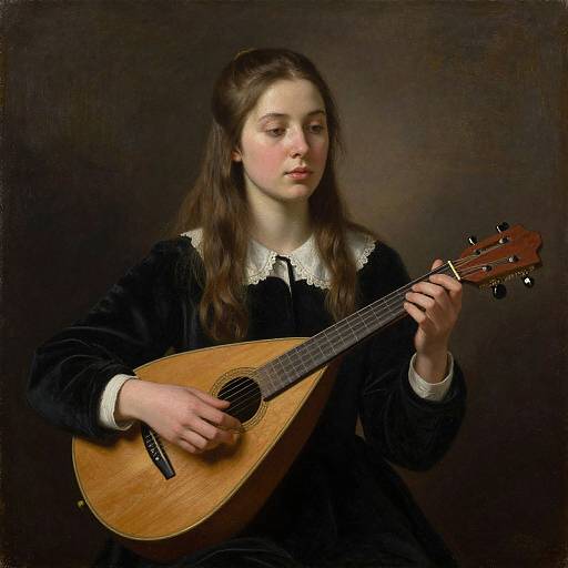 Photograph of a young white girl with long brown hair, wearing a black velvet dress with white lace collar, playing a wooden acoustic guitar against a dark