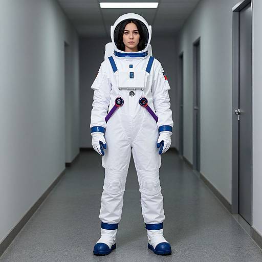 Photograph of a woman with pale skin and dark hair, standing in a hallway wearing a white astronaut suit with blue accents.