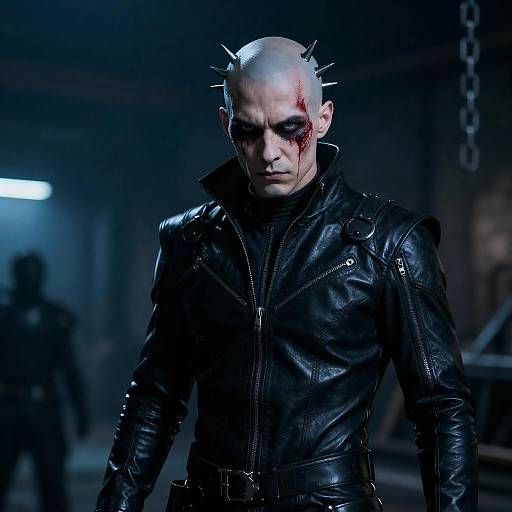 Bald Man in Black Leather with Spiked Headpiece
