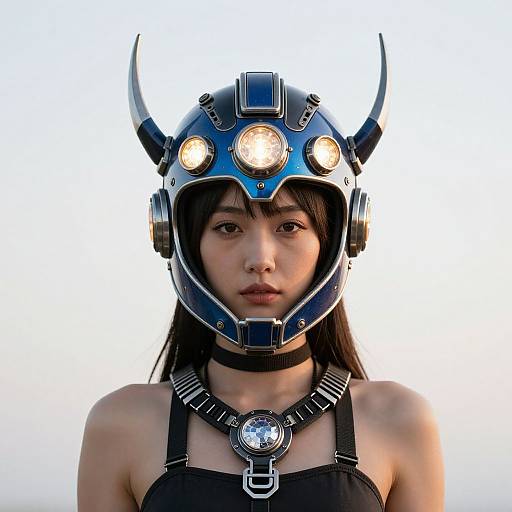 Asian woman with long black hair wearing a futuristic blue and silver horned helmet with glowing lights, black strap dress, and metallic necklace, against a white