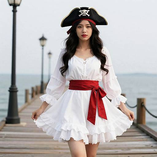 White Ruffle Pirate Woman on Pier