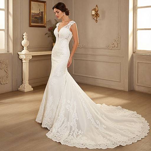 Photograph of a pregnant woman in a white lace, sleeveless, V-neck wedding gown with a long train, standing in a sunlit, elegant