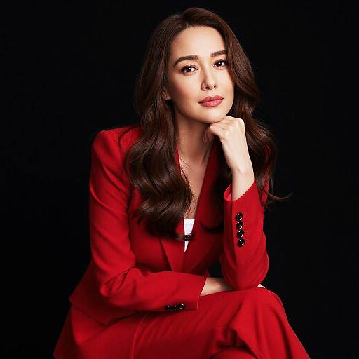 Photograph of a confident woman with long dark brown hair, wearing a vibrant red suit, seated against a black background, resting her chin on her hand