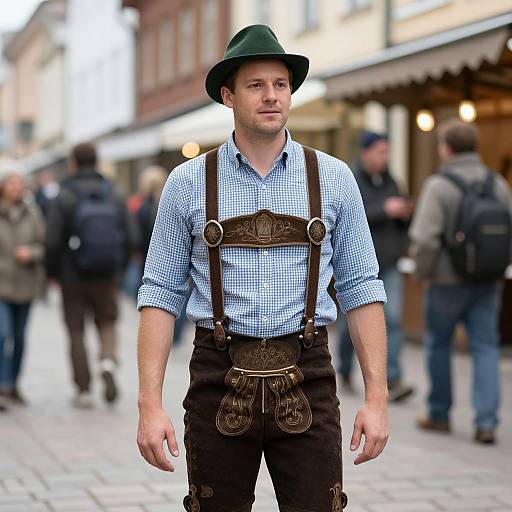 Photograph of a Caucasian man with light skin and short brown hair, wearing a green hat, blue checkered shirt, brown leather Bavarian-style suspend