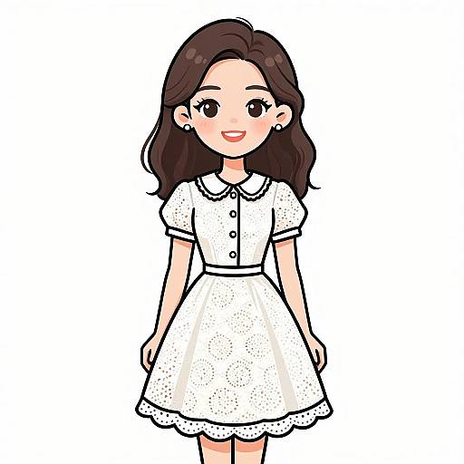 Digital anime-style drawing of a cheerful young woman with dark brown hair, wearing a white short-sleeved dress and earrings, standing against a plain white