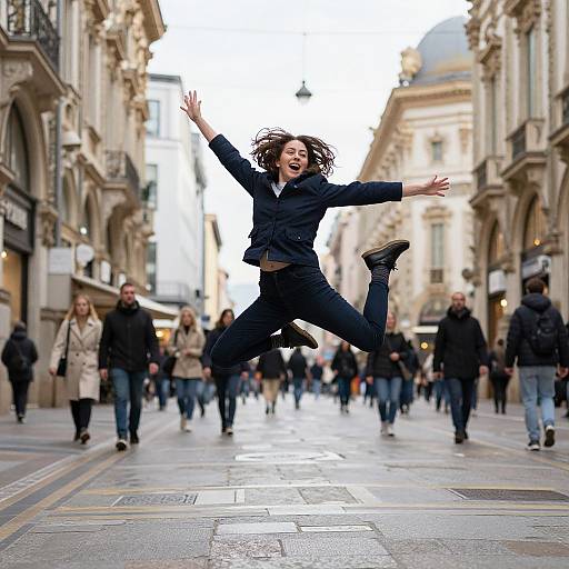Photograph of a joyfully jumping woman with curly hair, wearing a black jacket and jeans, in a busy, European street with historic buildings and people