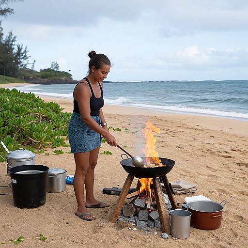 Woman Cooking on Hawaiian Beach