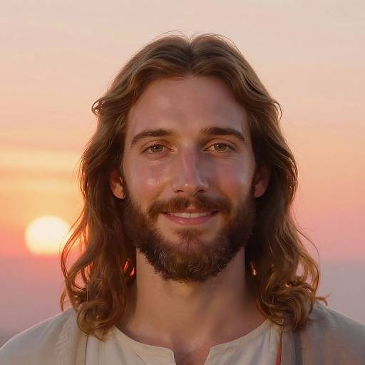 Photograph of a smiling, bearded man with long brown hair, wearing a white shirt, against a vibrant sunset with orange and pink hues.