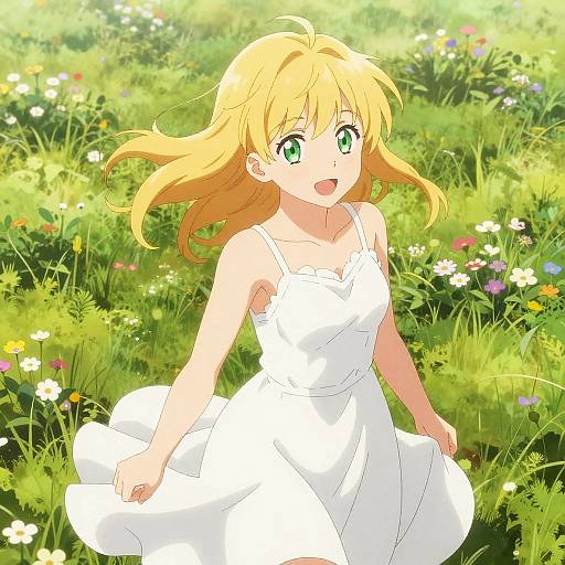 Anime Girl in White Dress in Wildflower Meadow