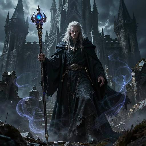 Dark, gothic fantasy illustration of a white-haired wizard in a black cloak holding a glowing blue staff, standing before a towering, ominous castle under storm
