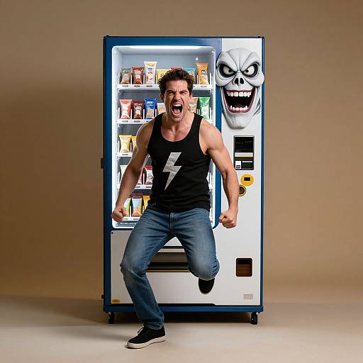 Photograph of a muscular man in a black tank top with a lightning bolt, blue jeans, and black sneakers, joyfully jumping in front of a