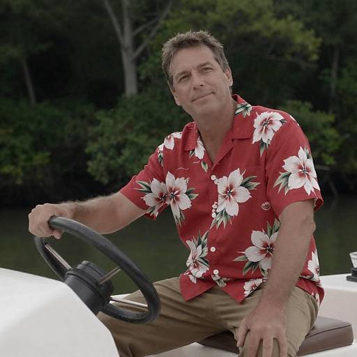 Man Steering Boat in Hawaiian Shirt