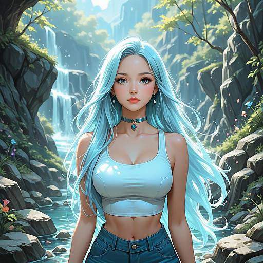 Digital art of a beautiful, blue-haired woman with large breasts, wearing a white tank top and blue jeans, standing in a lush, rocky waterfall forest