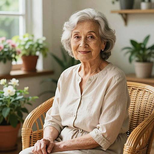 Photograph of an elderly woman with gray hair, wearing a beige blouse, seated in a wicker chair, surrounded by potted plants in a sun