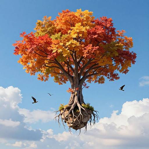 Digital artwork of a floating tree with vibrant autumn leaves (red, orange, yellow), visible roots, against a bright blue sky with fluffy clouds and flying