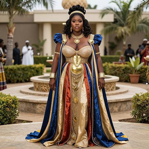 Photograph of a Black woman with dark skin and curly hair, wearing an elaborate gold and blue royal gown, standing in a lush, tropical garden with