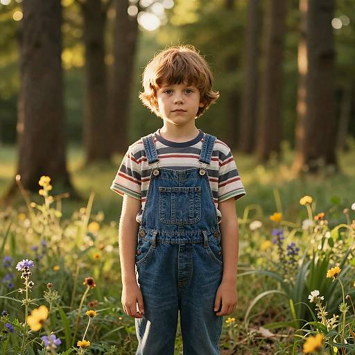 Photograph of a young boy with brown hair, wearing blue denim overalls and striped shirt, standing in a sunlit forest meadow with wildflowers