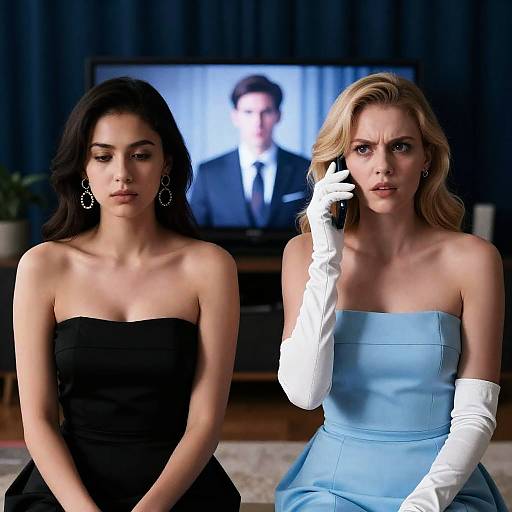 Elegant Evening: Women Watching TV