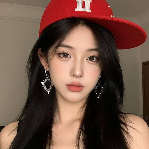 Photograph of an Asian woman with long black hair, wearing a red baseball cap with 