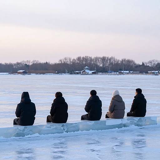 Photograph of five people in winter clothing sitting on ice floes, overlooking a frozen lake with a distant tree-lined shore.