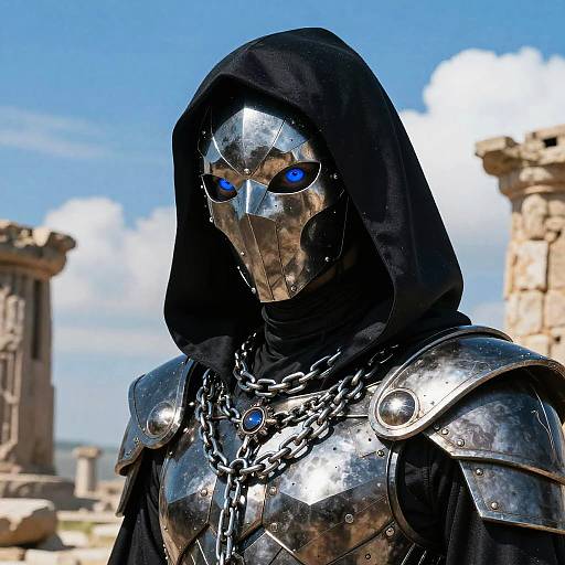 Mysterious Futuristic Figure with Ancient Ruins