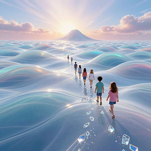 Digital art: Children walk on a glossy, wavy, blue-tinted field towards a bright sun and mountain, with a pastel sky and