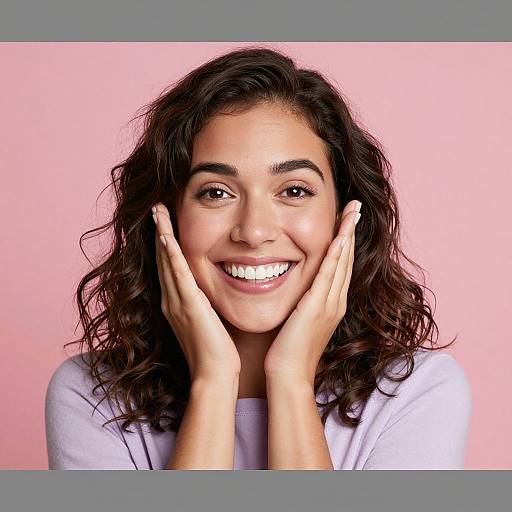 Smiling Woman with Wavy Hair and Light Purple Shirt