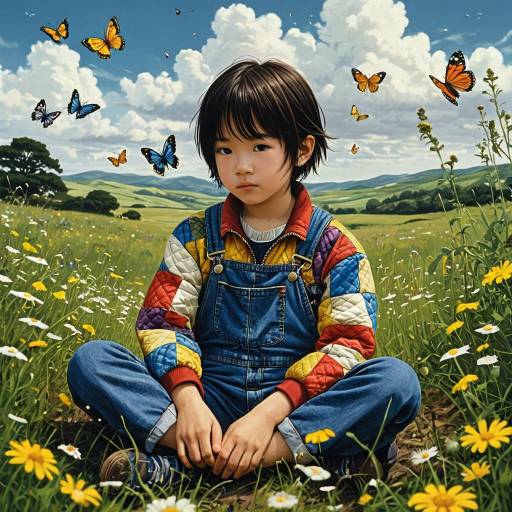 Child in Countryside Meadow with Butterflies
