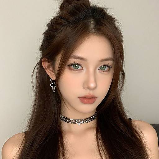 Photograph of an Asian woman with long brown hair in a messy bun, green eyes, wearing a black chain choker and matching earrings, against a