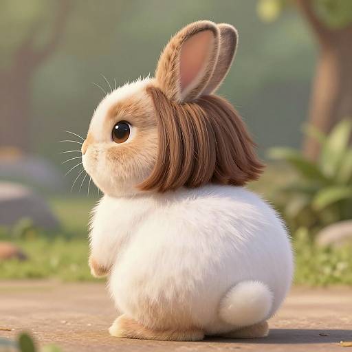 CGI image of a fluffy white bunny with brown hair on its head, large black eyes, and upright ears, standing on a sunlit path in