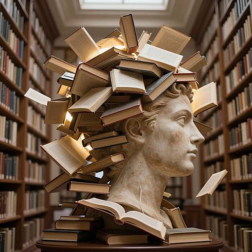 Photograph of a marble bust with books stacked on its head, illuminated, in a library with tall bookshelves.