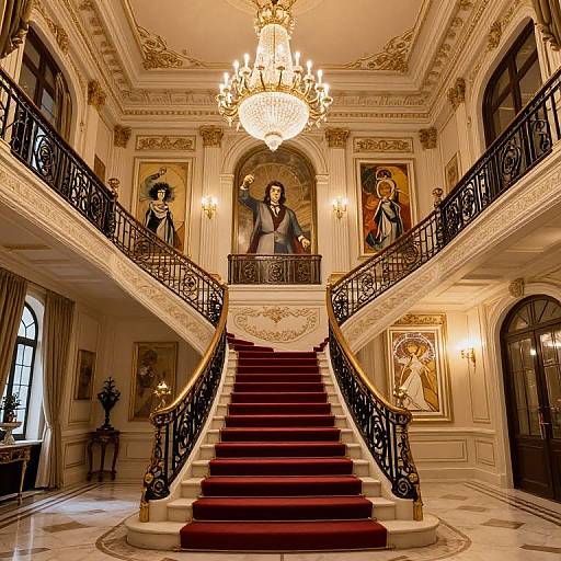 Grand opulent hallway photograph: ornate chandelier, red carpet staircase, portraits of men in formal attire on walls, black wrought-iron railings