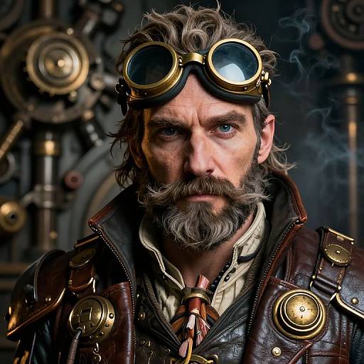Steampunk man with grey beard, goggles, leather jacket, brass buttons, and smoky background, depicted in detailed, realistic digital art.