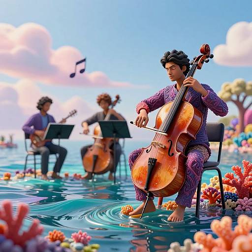 Digital illustration: Three musicians in colorful, patterned outfits play instruments in a vibrant, floral-filled, water-filled scene under a bright blue sky with fluffy