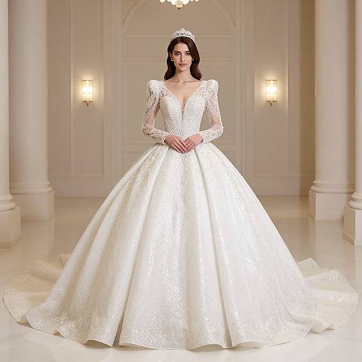 Photograph of a fair-skinned woman with long brown hair, wearing a white, lace-embellished, V-neck ball gown wedding dress,