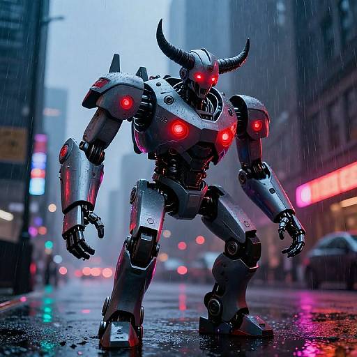 Evil Robot with Horns in Rainy City
