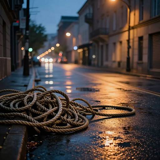 Photograph of a wet, deserted urban street at dusk, with a coiled rope in the foreground, and blurred streetlights reflecting on the shiny pavement