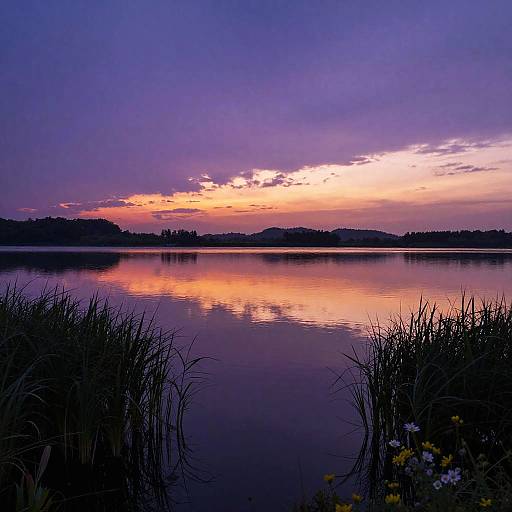 Vivid Purple Sunset Over Calm Lake