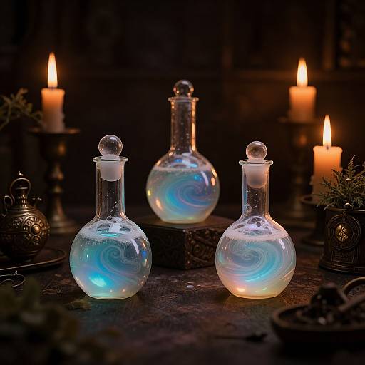 Photograph of glowing, iridescent glass flasks and a bottle, surrounded by lit candles, on a dark, rustic wooden table.