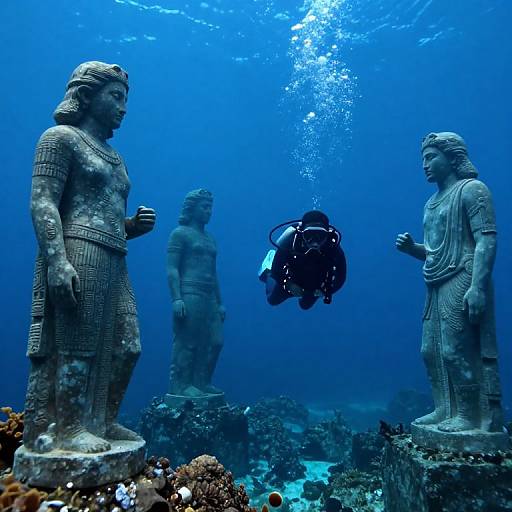 Photograph of a scuba diver underwater, surrounded by three ancient stone statues, amidst vibrant coral and blue ocean water.