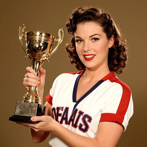 Vintage-style photograph of a smiling woman with curled brown hair, wearing a white and red 