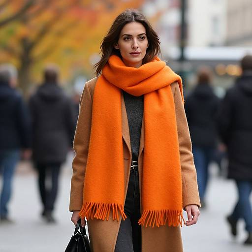 Photograph of a confident woman with brown hair, wearing a tan coat, bright orange scarf, and black dress, walking in an urban autumn setting with