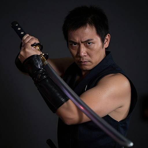 Photograph of a serious, muscular Asian man with short black hair, wearing a black sleeveless top, gripping a katana, against a dark background