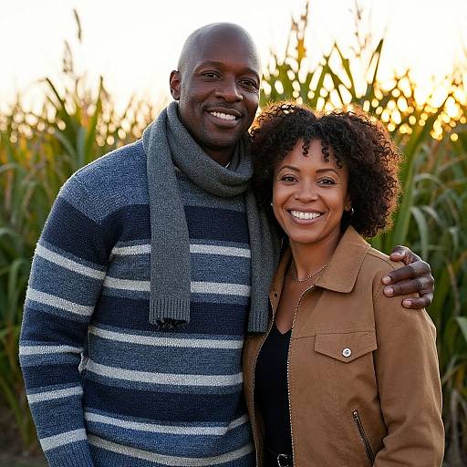 Photograph of a smiling Black couple standing close in a cornfield at sunset; man in gray-striped sweater and scarf, woman in brown jacket and black