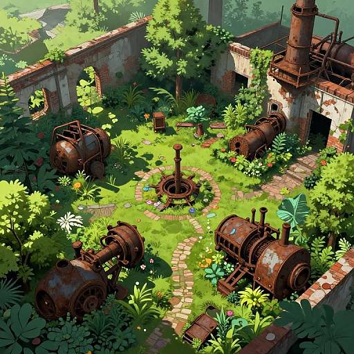 Surreal Garden Sanctuary Amidst Industrial Ruins