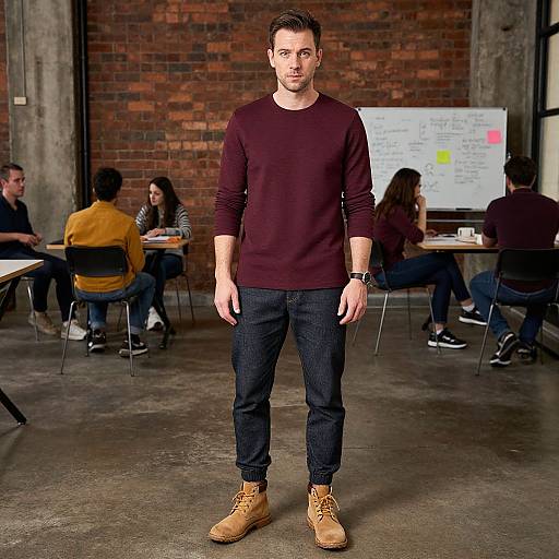 Photograph of a handsome, light-skinned man with short dark hair, wearing a burgundy long-sleeve shirt, dark jeans, and tan