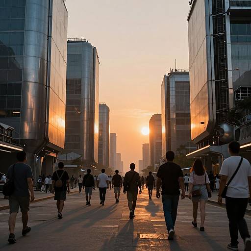 Photograph of a busy urban street at sunset, with silhouetted people walking between towering glass buildings, reflecting the orange sun.